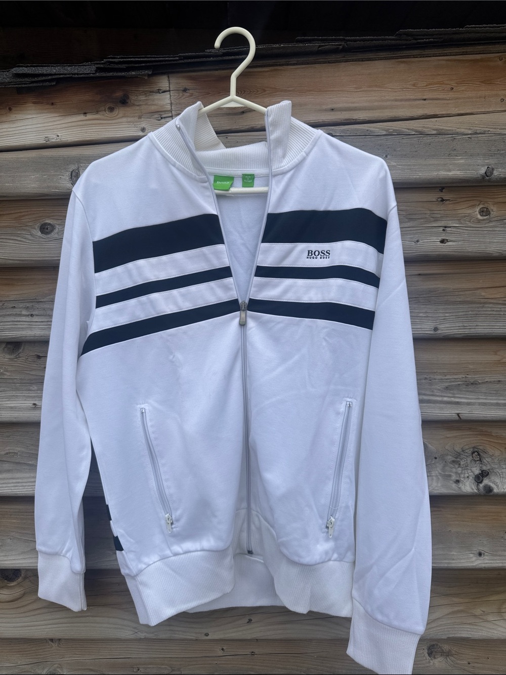 BOSS White Jacket with Black Racing Stripes